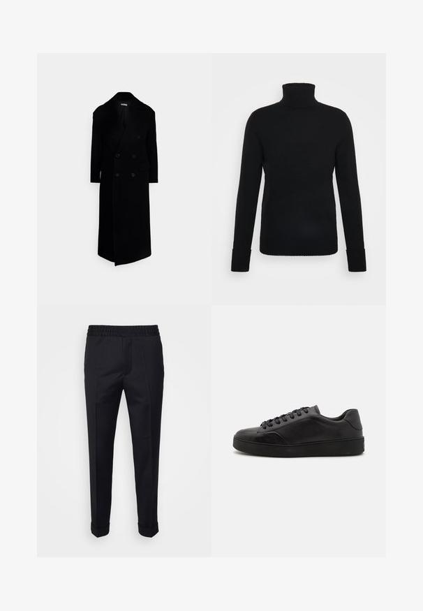 Sort dobbelmiddelt overfrakke med store revers, lange ærmer og to forlommer. Fremstillet af et tekstureret uldblandingsstof.; FTC Cashmere ROLLNECK - Striktrøje - moonless night; Sorte bukser lavet af letvægtsstof, med elastisk talje, sidelommer og oprevne kant. Glat tekstur med frontvendinger.; Sorte lædersneakers med rund tå, flad sål og traditionel snøring. Har en glat tekstur og diskrete detaljer på siden.