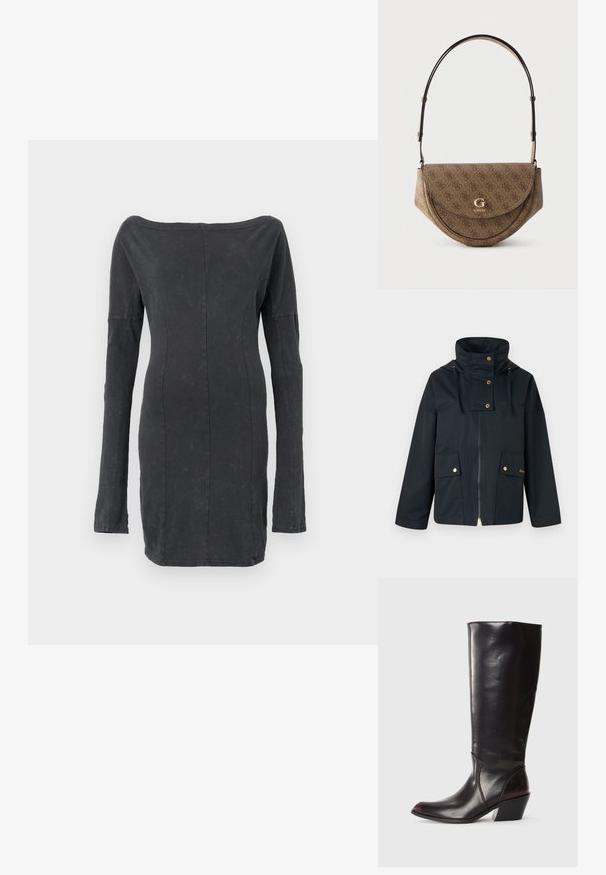 Dunkelblaue wasserdichte Jacke mit hohem Kragen, goldenen Metallteilen, zwei Fronttaschen und einem Reißverschluss. Das Material wirkt glatt und langlebig.; Schwarzes, figurbetontes Schulterfreies Kleid mit langen Ärmeln, hat eine glatte Textur und einen dezenten Glanz, mit taillierten Nahtdetails überall.; Knöchelhigh, dunkelbraune Lederstiefel mit spitzem Zeh, eckigem Blockabsatz und glatter, glänzender Textur. Verfügt über ein klares Design und Steppnähte.; Braune Halbmond-Schultertasche mit wiederholtem 'G'-Muster, goldenem 'G GUESS'-Logo und verstellbarem Trageriemen auf weißem Hintergrund.