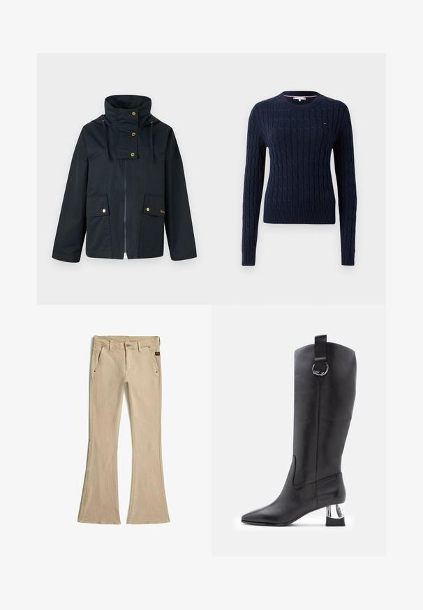 Dunkelblaue wasserdichte Jacke mit hohem Kragen, goldenen Metallteilen, zwei Fronttaschen und einem Reißverschluss. Das Material wirkt glatt und langlebig.; Navy-marinefarbener Strickpullover mit Zopfmuster, Rundhals, gerippten Bündchen und Saum, mit kleinem Logo auf der Brust.; Beige ausgestellte Hose mit Fronttaschen, Gürtelschlaufen, Knopfverschluss und kleinem Markenlabel nahe der rechten Tasche.; Schwarze Lederstiefel bis zum Knie mit spitzer Zehe und chromfarbigem Blockabsatz. Mit einem Riemen und einer runden Hardware-Akzentuation an der Oberseite.