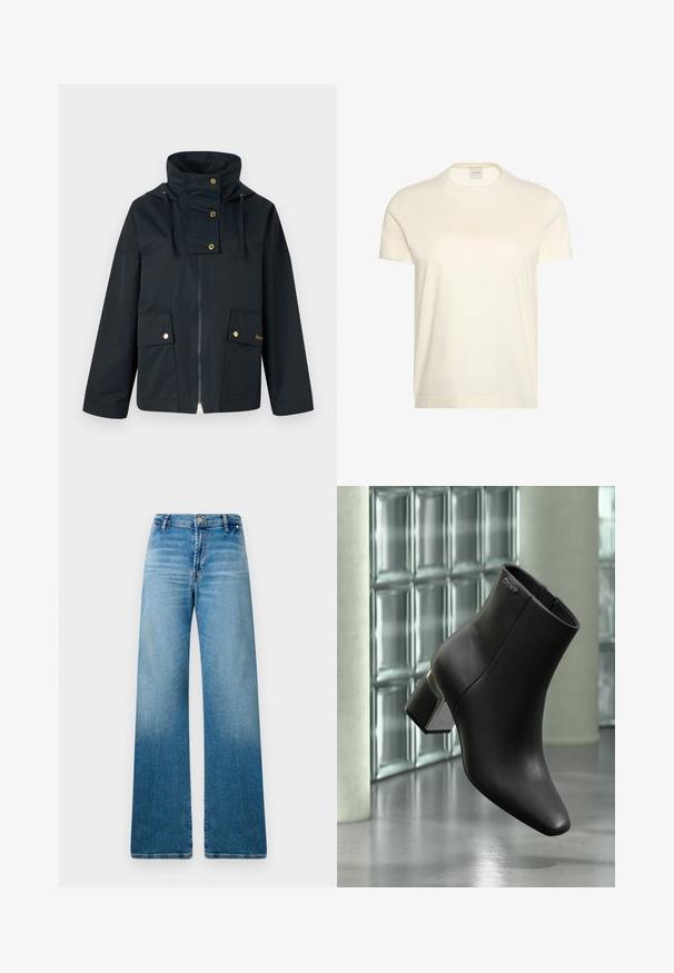 Dunkelblaue wasserdichte Jacke mit hohem Kragen, goldenen Metallteilen, zwei Fronttaschen und einem Reißverschluss. Das Material wirkt glatt und langlebig.; Schlichtes offwhite Kurzarm-T-Shirt mit Rundhalsausschnitt und dezent gestepptem rechteckigem Design auf der Brust sowie Calvin Klein-Label im Krageninneren.; Weite Jeans aus hellblauem Denim mit einem klassischen Fünf-Taschen-Design und einer subtilen Farbverlauf-Textur von dunklerem zu hellerer Blau.; Schwarzer Leder-Stiefelette mit Blockabsatz, DKNY-Logo nahe oben, dargestellt vor einer Glasblockwand und poliertem Betonboden.