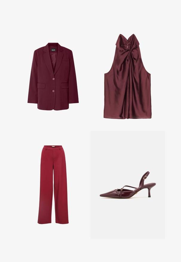 Blazer burdeos con solapa de muesca, dos bolsillos frontales, dos botones y una textura suave. Etiqueta de la marca 'PIECES' visible en el interior.; Top de satén burdeos con cuello alto, detalle fruncido en la parte delantera y diseño sin mangas. Textura suave y caída liviana en toda la prenda.; Pantalones de pierna ancha en una tela roja profunda con una textura suave. Presenta una cintura plana, bolsillos frontales y costuras entalladas.; Zapatos de tacón con tiras en charol burdeos, puntera afilada, tiras decorativas y detalles en tono dorado. Altura del tacón de 5 cm.