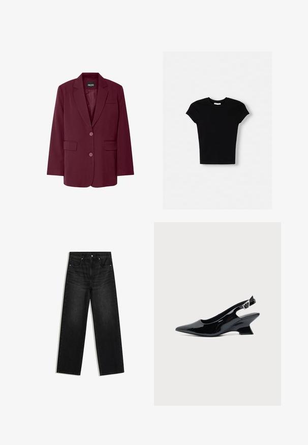 Bordeaux blazer med klapkrave, to forlommer, to knapper og en glat tekstur. Mærkeetiketten 'PIECES' synlig indvendigt.; Sort kortærmet t-shirt lavet af bomuld. Tætsiddende design, rund hals og glat tekstur. Ingen mønstre eller ekstra hardware synligt.; Sorte denimjeans med lige ben, forlommer, bæltestropper og knaplukning, vist på hvid baggrund.; Sort laklæder slingback sko med spids tå og lav vinklet blokhæl på ensartet lys baggrund.