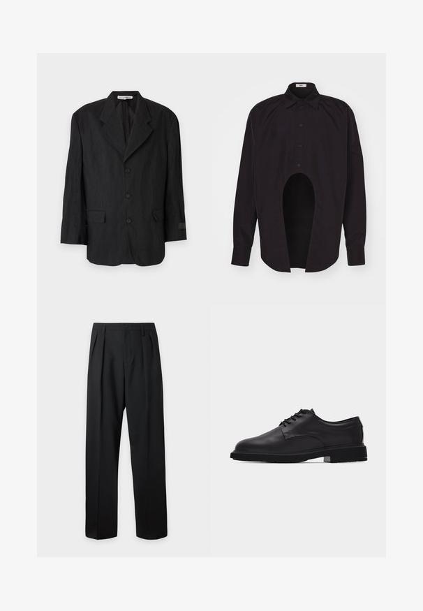 Čierny blazer vyrobený z textúrovanej tkaniny, s klopou na výstrihu, šiestimi gombíkmi a dvoma vreckami. Na ľavom rukáve je detail s nášivkou.; GmbH GEIR MIX - Košeľa - black; Čierne nohavice s vysokým pásom, šité na mieru, s pútkami na opasok, prednými záhybmi, zapínaním na gombík a priamymi širokými nohavicami na svetlom pozadí.; Čierna pánska spoločenská obuv z hladkej kože na šnurovanie s hrubou gumovou podrážkou, zobrazená z profilu na bielom pozadí.