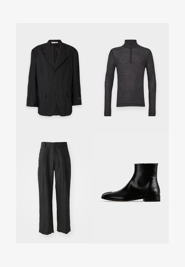 Blazer noir en tissu texturé, avec un revers cranté, six boutons et deux poches. La manche gauche présente un détail de label.; Chandail noir à manches longues et col roulé en tissu texturé, avec une demi-fermeture éclair au niveau du col et des manches ajustées.; Pantalons en lin noir avec une coupe droite, ornés de plis distinctifs à l'avant et d'une finition lisse et texturée.; Bottine en cuir noir poli avec un petit talon et une fermeture éclair latérale, design épuré et lisse sur un fond clair uni.