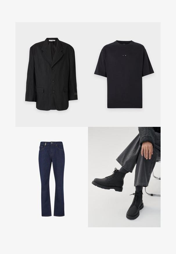 Čierny blazer vyrobený z textúrovanej tkaniny, s klopou na výstrihu, šiestimi gombíkmi a dvoma vreckami. Na ľavom rukáve je detail s nášivkou.; Oakley RISE TEE - Základné tričko - blackout; Tmavomodré rovné rifle s predným gombíkom a zipsom, s prednými a zadnými vreckami a viditeľnými švovými detailmi.; Osoba sediaca so prekríženými nohami, obutá v čiernych šnurovacích topánkach, tmavých ponožkách, sivých voľných nohaviciach a tmavom rebrovanom svetri na bielom pozadí.