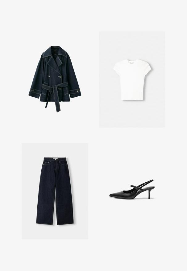 Veste en denim bleu foncé à double boutonnage avec larges revers, taille ceinturée, poignets à boutons et poches avant.; T-shirt blanc à manches courtes en coton doux, avec un col rond et une coupe ajustée. Pas de motifs ni d'ornements visibles.; Jean large en denim bleu foncé à taille haute, avec cinq poches, des coutures contrastées et des éléments en métal argenté. Texture lisse et finition soignée.; Talons aiguilles noires en cuir avec un bout pointu, une fine bride réglable, et un talon aiguille d'environ 5 cm, texture lisse.