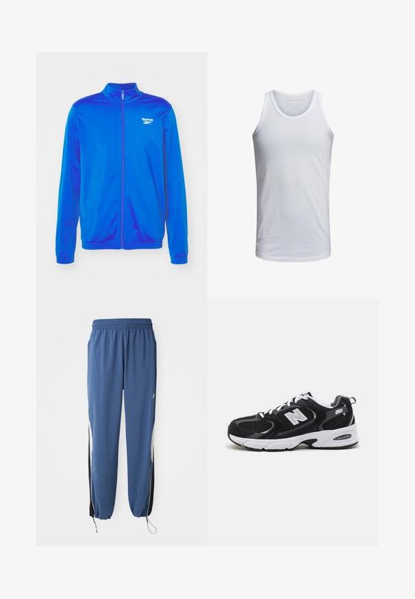 Sinine tõmblukuga jakk, mis on valmistatud kergekangast. Omab kõrget kraed ja elastseid mansette. Logo vasakul rinnal. Sile tekstuur.; Valge puuvillane tank top, millel on ümar kaelus, laiad õlapaelad ja minimaalne brändingu trükk krae sees. Pehme tekstuur, igapäevane istuvus.; Sinised spordipüksid, millel on elastne valmistusvöö, kitsenev lõige ja mustad külgpaneelid. Omab nööriga sääreotsi ja logo embleemi.; Must värvi ja hallid spordijalatsid, mille ülemine osa on valmistatud võrgust ja nahast, valge vaheosaga, paeltega ja küljel julge "N" logo.