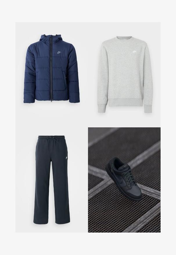 Marineblauwe gewatteerde jas met een capuchon, voorzien van een ritssluiting aan de voorzijde, een horizontaal stiksels patroon en een klein logo op de bovenste linkerborst.; Grijze sweatvest gemaakt van zacht fleece materiaal, met geribde manchetten en zoom, en een klein wit Nike-logo op de borst.; Donkerblauwe joggingbroek met een elastische tailleband en een trekkoord. Gemaakt van zachte stof, met een klein wit logo op de linkerheup.; Zwarte leren Nike sneaker met een ronde neus, geperforeerde bovenkant en een gestructureerde rubberen zool. Inclusief veters en subtiele branding.