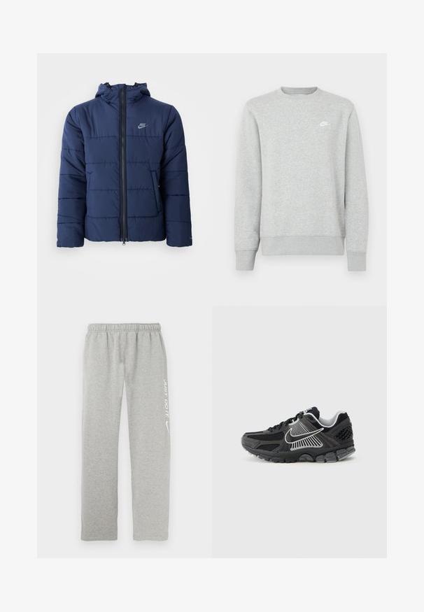 Marineblå pufferjakke med hætte, der har en frontlynlås, horisontalt stikmønster og et lille logo på venstre bryst.; Grå sweatshirt lavet af blødt fleece-materiale, med ribstrikkede manchetter og kant, samt et lille hvidt Nike-logo på brystet.; Grå joggingbukser lavet af blødt materiale med elastisk taljebånd. Har en hvid "JUST DO IT" tekst og Nike swoosh-logo på det ene ben.; Sort atletiksko med meshpaneler og syntetiske detaljer. Har en rundet tå, tyk polstret sål og kontrasterende hvide logodetaljer.