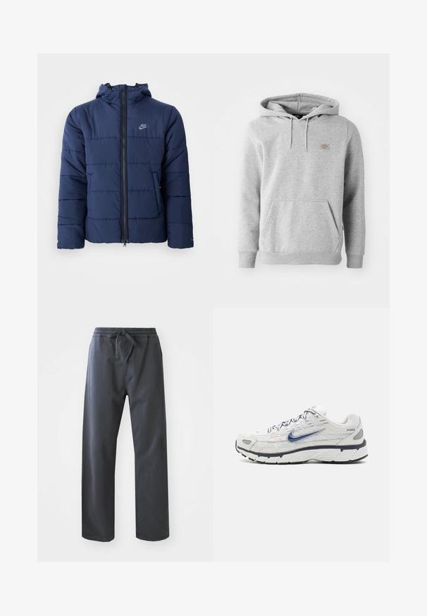 Marineblauwe gewatteerde jas met een capuchon, voorzien van een ritssluiting aan de voorzijde, een horizontaal stiksels patroon en een klein logo op de bovenste linkerborst.; Grijze hooded sweatshirt van fleecemateriaal, met een voorzak, geribde manchetten en een klein logo op de borst.; Zwarte, elastische broek met een trekkoord, met een rechte pijpdesign en een zachte textuur. Geen zichtbare zakken of patronen.; Nike Sportswear P 6000 - Sneakers laag - phantom/obsidian/summit white/white/black/metallic silver
