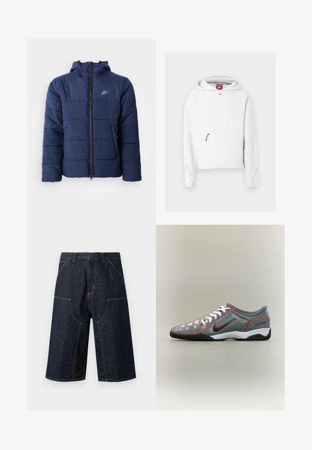 Marineblå pufferjakke med hætte, der har en frontlynlås, horisontalt stikmønster og et lille logo på venstre bryst.; Hvid Nike-hoodie med lynlåslomme foran, lille sort Nike-logo på brystet og hætte, vist på en ensfarvet lys baggrund.; Mørkeblå denim-knee-length shorts med orange syninger, frontlommer, bæltestropper og knaplukning.; Grå Nike Total 90 III indendørs fodboldsko med hvide snørebånd, sort sål, rød syning og sort swoosh-logo på siden.