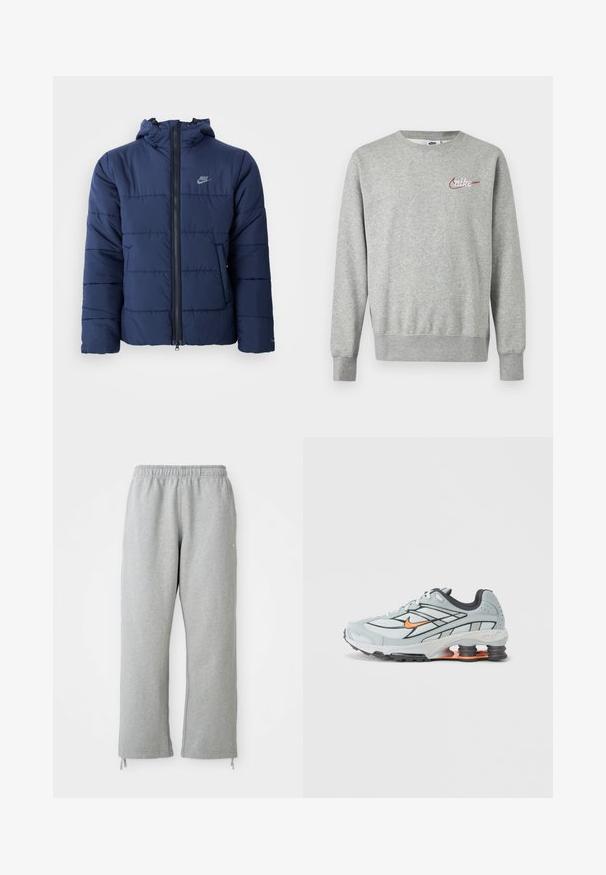 Marineblå pufferjakke med hætte, der har en frontlynlås, horisontalt stikmønster og et lille logo på venstre bryst.; Lysegrå crewneck-sweatshirt med lange ærmer og lille rød og hvid Nike-logo på venstre bryst.; Grå sweatpants med elastisk talje, lige ben og snoretræk ved kanten. Fremstillet af blødt, struktureret stof.; Lyst grå løbesko med sorte detaljer, orange logo, mesh-overdel, polstret krave og gummisål med synlige stødabsorberende enheder.