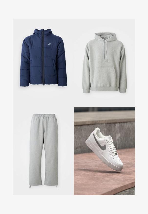 Marineblauwe gewatteerde jas met een capuchon, voorzien van een ritssluiting aan de voorzijde, een horizontaal stiksels patroon en een klein logo op de bovenste linkerborst.; Grijze hoodie van zachte stof met een buidelzak, capuchon met trekkoord en klein wit logo op de borst. Comfortabele, casual pasvorm.; Grijze sweatpants met een elastische tailleband, rechte pijpen en trekkoordaccenten aan de zoom. Gemaakt van zachte, gestructureerde stof.; Witte Nike Air Force 1 sneaker met grijs swoosh-logo zwevend boven een stenen oppervlak en een grijze stenen muur op de achtergrond.