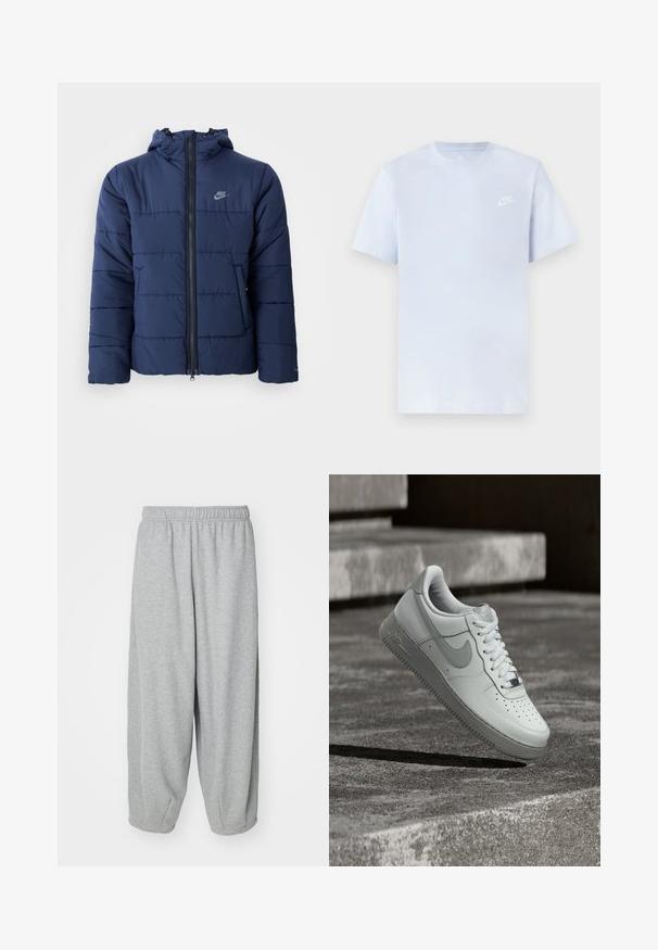 Marineblå pufferjakke med hætte, der har en frontlynlås, horisontalt stikmønster og et lille logo på venstre bryst.; Lyseblå bomulds t-shirt med korte ærmer, rund hals og et hvidt Nike-logo trykt på venstre bryst. Glat tekstur, simpelt design.; Lys grå, løstsiddende sweatpants lavet af blød stof. Elastisk talje og manchetter ved anklerne. Enkel og udekoreret design.; Hvid Nike Air Force 1 sneaker, der svæver over en tekstureret betongulv med stenetrin i baggrunden.