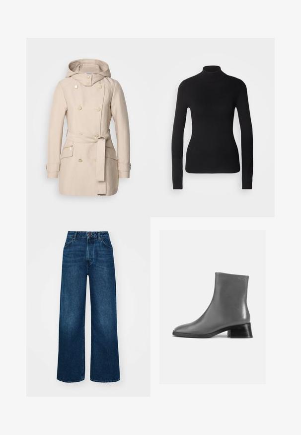 Manteau beige en trench avec capuche, design à double boutonnage, grands boutons, ceinture à nouer à la taille et poches latérales zippées. Texture de tissu lisse.; Pull à col roulé noir en maille légère. Il possède des manches longues, une coupe ajustée et une texture côtelée douce.; Jeans taille haute et à jambes larges en denim bleu foncé avec une texture lisse, des coutures contrastantes et un design à cinq poches. Fermeture à bouton à l'avant.; Botte de cheville en cuir gris avec un bout arrondi et un petit talon noir empilé. Texture lisse avec un minimalisme dans les détails.