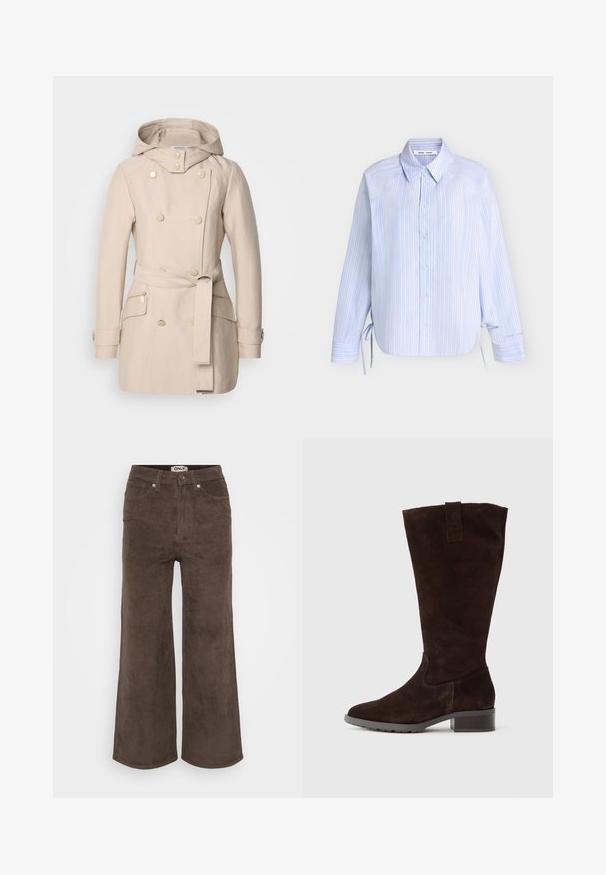 Manteau beige en trench avec capuche, design à double boutonnage, grands boutons, ceinture à nouer à la taille et poches latérales zippées. Texture de tissu lisse.; Chemise bleu clair à manches longues avec rayures blanches verticales, fermeture boutonnée devant, col pointu et liens de chaque côté près de l'ourlet.; Pantalons larges en velours côtelé marron avec une texture en côtes, cinq poches et une fermeture à bouton à l'avant. Présente une étiquette au niveau de la taille.; Botte haute en daim marron jusqu'au genou, avec un bout arrondi, un talon bloc et une languette sur la tige, présentant des détails de couture subtils.