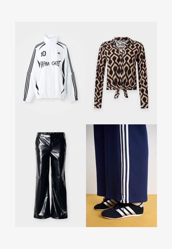Valge jakk mustade aktsentidega, millel on kõrge krae, luku ees, Adidas'i logo, suur "10" trükk ja "TEAM GEIST" tekst. kolm rida.; Pikkade varrukatega nööbitav pluus kraega, musta ja beeži abstraktse geomeetrilise mustriga ning ees nööriga vöökohal.; Mustad kunstnahast laia lõikega püksid läikiva viimistlusega, keskmise kõrgusega vöökohaga ja puhta esikujundusega, sobivad erinevate stiilide jaoks.; Tumesinised spordipüksid kolme valge vertikaalse triibuga ja mustad športlikud kingad hõbedaste triipudega ning tekstuuriga pinnaga. Kollane põrand.