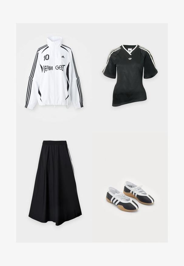 Weißer Anzug mit schwarzen Akzenten, mit hohem Kragen, Reißverschluss vorne, Adidas-Logo, großem "10"-Druck und "TEAM GEIST"-Text.; Schwarzes Sportshirt mit V-Ausschnitt, kurzen Ärmeln und strukturiertem Chevron-Muster. Mit weißen drei-Streifen-Akzenten auf den Schultern und Logo.; Schwarze weit geschnittene Hose mit elastischem Bund und weißen Seitenstreifen, vor einem schlichten weißen Hintergrund präsentiert.; Schwarz-weiße Sportschuhe mit einem eleganten Design, Gummisohle, Schnürverschluss und drei weißen Streifen an den Seiten.