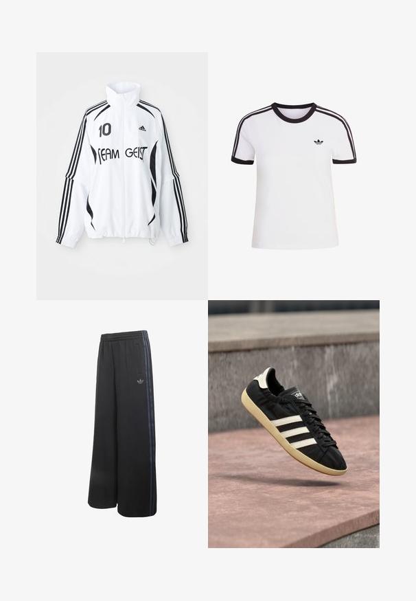 Veste blanche avec accents noirs, dotée d'un col haut, d'un zip à l'avant, du logo Adidas, d'un grand imprimé "10" et du texte "TEAM GEIST". три строчки.; T-shirt blanc à manches courtes avec des accents noirs, dotée d'un col rond et de trois bandes noires sur chaque épaule. Petit logo noir sur la poitrine.; Pantalon noir à jambes larges avec taille élastique, poches latérales et trois bandes bleu foncé sur les côtés avec le logo Adidas sur une jambe.; Baskets Adidas noires avec des bandes blanches et une semelle beige, capturées en plein air au-dessus d'une surface en pierre et d'un mur en pierre en arrière-plan.