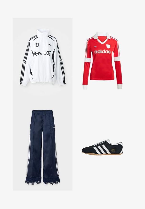 Weißer Anzug mit schwarzen Akzenten, mit hohem Kragen, Reißverschluss vorne, Adidas-Logo, großem "10"-Druck und "TEAM GEIST"-Text.; Rotes Fußballtrikot mit langen Ärmeln, weißem Kragen und weißen Ärmelbündchen. Es hat drei weiße Streifen auf den Schultern und das "adidas"-Logo ist auffällig platziert.; Marineblaue Trainingshose mit weitem Bein, weißen Seitenstreifen, elastischem Bund, adidas-Logo an der Hüfte und Spitzenbesatz am Saum.; Schwarze Wildledersneaker mit drei weißen Streifen, goldenem Logo und brauner Gummisohle. Merkmale ein niedrigprofiliertes Schnürdesign.