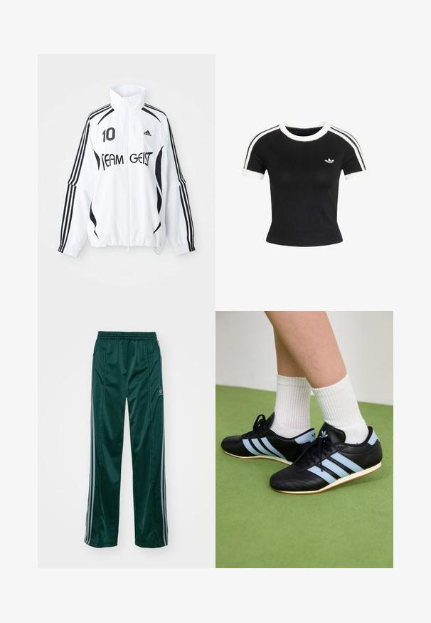 Weißer Anzug mit schwarzen Akzenten, mit hohem Kragen, Reißverschluss vorne, Adidas-Logo, großem "10"-Druck und "TEAM GEIST"-Text.; Schwarzes kurzärmeliges Strickoberteil mit weißem Rundhalsausschnitt, Ärmelbündchen und doppelten weißen Streifen auf den Schultern, mit kleinem Adidas-Trefoil-Logo auf der Brust.; Dunkelgrüne Sporthosen aus glänzendem Material, mit seitlichen Streifen in Hellgrau und einem gestickten Logo auf dem linken Bein.; Schwarze Leder-Sportschuhe mit hellblauen Streifen, strukturierten Obermaterialien und Gummisohlen, kombiniert mit weißen gerippten Socken auf grünem Boden.
