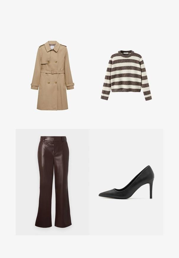 Manteau beige à double boutonnage, avec une taille ceinturée et des épaulettes. Dispose de manches longues et de poches latérales.; Pull-over rayé crème et marron foncé. Col rond côtelé, manches longues et ourlet court. Texture douce avec une coupe décontractée.; Pantalons évasés en simili cuir marron avec une texture lisse, dotés d'une taille ceinturée et d'une fermeture éclair. Lignes épurées et silhouette élégante.; Escarpin noir à talon aigu, en cuir lisse, présentant un design élégant et un talon cylindrique fin.