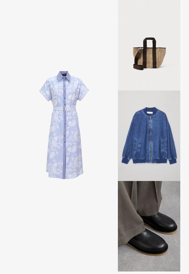 Donkerblauwe denim bomberjack met een ritssluiting aan de voorkant, geribbelde manchetten, twee zijzakken en een gladde textuur met contrasterende stiksels.; Blauw-wit gestreepte overhemdjurk met korte mouwen, kraag, knoopsluiting aan de voorkant, witte bloemenpatronen en bijpassende stoffen ceintuur met metalen gesp.; Zwarte leren schoenen met een ronde neus, platte zool en contrasterende lichtbruine buitenzool, gedragen met losse grijze broeken.; Beige en bruine tote bag met twee zwarte handvatten en een verstelbare schouderband op een witte achtergrond.
