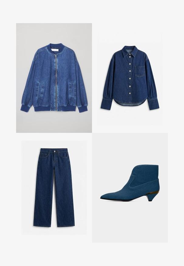 Donkerblauwe denim bomberjack met een ritssluiting aan de voorkant, geribbelde manchetten, twee zijzakken en een gladde textuur met contrasterende stiksels.; Donkerblauw denim overhemd met lange mouwen, knopen aan de voorkant, een borstzak aan de linkerkant, brede manchetten en een klassieke kraag.; Donkerblauwe denim jeans met hoge taille, rechte pijpen, voorzakken, riemlussen en een zilveren knoopsluiting, afgebeeld op een effen witte achtergrond.; Blauwe enkellaars met een puntige neus, een lage kittenhiel met een gouden accent en een glad, naadloos ontwerp.