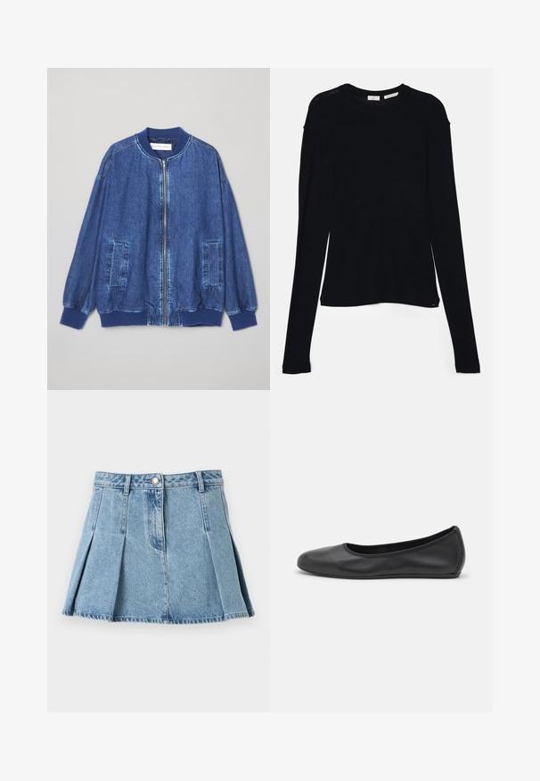 Chaqueta bomber de mezclilla en azul oscuro con cremallera frontal, puños acanalados, dos bolsillos laterales y una textura suave con costuras en contraste.; Camiseta negra de manga larga hecha de tela suave, con un escote redondo y un corte relajado, con aberturas en los laterales del dobladillo para facilitar el movimiento.; Falda de mezclilla azul claro con diseño plisado, cierre frontal de botones y trabillas para cinturón. Textura desgastada con detalles de dobladillo sin rematar.; Bailarina de piel negra con punta redondeada, textura suave, detalle de costura minimalista y diseño de suela flexible.