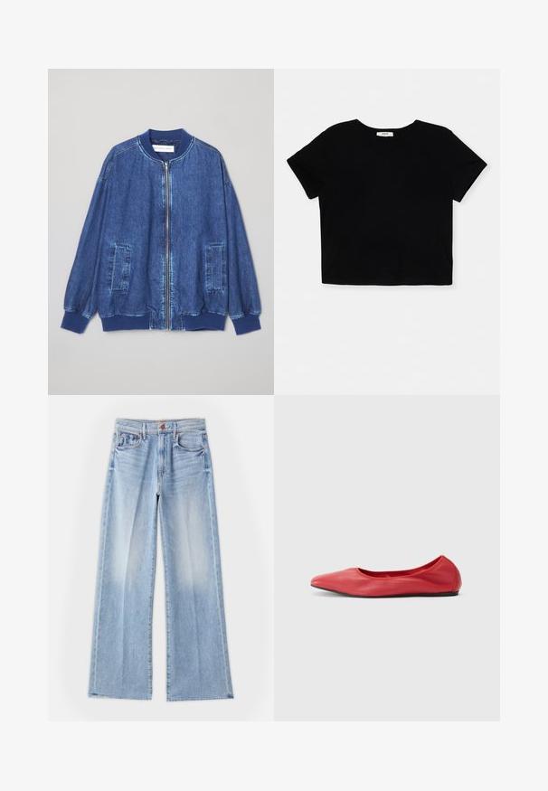 Donkerblauwe denim bomberjack met een ritssluiting aan de voorkant, geribbelde manchetten, twee zijzakken en een gladde textuur met contrasterende stiksels.; Zwart cropped T-shirt van zachte katoen, met korte mouwen, een ronde halslijn en een nette zoom zonder versieringen.; Lichtblauwe wijde jeans van denim, met een hoge taille, voorzakken en een schone zoom met subtiele vervaging.; Filippa K REY FLATS - Ballerina's - bright red