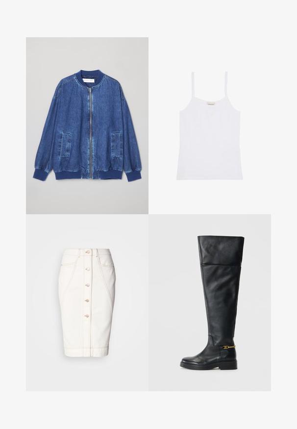 Veste bomber en denim bleu foncé avec fermeture éclair sur le devant, poignets côtelés, deux poches latérales et une texture lisse avec des coutures contrastées.; Débardeur blanc Calvin Klein pour femme avec fines bretelles et design simple et ajusté.; Jupe en denim blanc avec un bouton à l'avant, couture visible et une silhouette crayon. Pas de poches visibles. Texture lisse.; Bottes en cuir noir à hauteur de genou avec un design épuré, bout arrondi, semelle à plateforme basse et détails en doré près de la cheville.