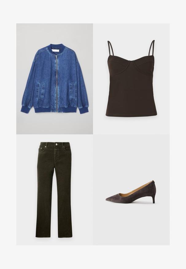 Veste bomber en denim bleu foncé avec fermeture éclair sur le devant, poignets côtelés, deux poches latérales et une texture lisse avec des coutures contrastées.; CLOSED Débardeur - marsh green; Pantalons en velours côtelé droit, de couleur vert olive sombre, avec un design à cinq poches, un bouton en métal et une fermeture éclair. Texture douce avec un motif côtelé visible.; Ravissante chaussure à talon bas en suède marron foncé, à bout pointu, avec un talon fin et un intérieur lisse couleur tan, présentée en profil sur un fond neutre.