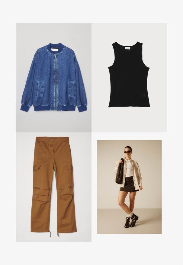 Donkerblauwe denim bomberjack met een ritssluiting aan de voorkant, geribbelde manchetten, twee zijzakken en een gladde textuur met contrasterende stiksels.; Zwarte geribbelde tanktop met een ronde halslijn en brede schouderbanden, met een subtiele textuurafwerking en een klein gaasdetail aan de zoom.; Bruine cargobroek met een rechte pijpenontwerp, meerdere zakken en ritssluitingen aan de zoom. Gemaakt van duurzaam materiaal.; Vrouw met zonnebril, oversized gestreept overhemd, wit topje, zwarte minirok, sandalen met sokken, grote creolen, houdt een donkere tas vast.