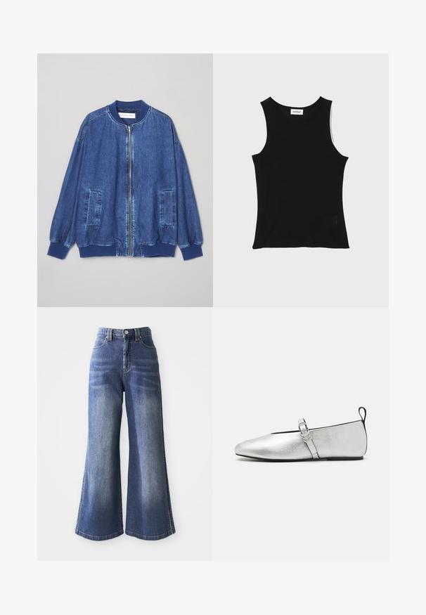 Donkerblauwe denim bomberjack met een ritssluiting aan de voorkant, geribbelde manchetten, twee zijzakken en een gladde textuur met contrasterende stiksels.; Zwarte geribbelde tanktop met een ronde halslijn en brede schouderbanden, met een subtiele textuurafwerking en een klein gaasdetail aan de zoom.; Wijduitlopende denim jeans in medium blauw, met een hoge taille, vijf zakken en contrasterende stiksels langs de hemden en zijkanten.; rag & bone SPIRE MARY JANE - Ballerina's met enkelbandjes - silver