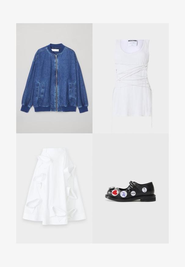 Donkerblauwe denim bomberjack met een ritssluiting aan de voorkant, geribbelde manchetten, twee zijzakken en een gladde textuur met contrasterende stiksels.; Witte geribde tanktop met kruislingse vetersluiting, met een ronde halslijn en een rechte zoom. Merk: Moschino Couture.; Witte A-lijn rok van katoen, met oversized uitsnijdingen en een gladde textuur. Deze rok heeft een gestructureerde tailleband.; Zwarte leren Mary Jane-schoen met een bandje en gespsluiting, versierd met verschillende ronde stickers in rode, blauwe en witte accenten. Vlakke zool.