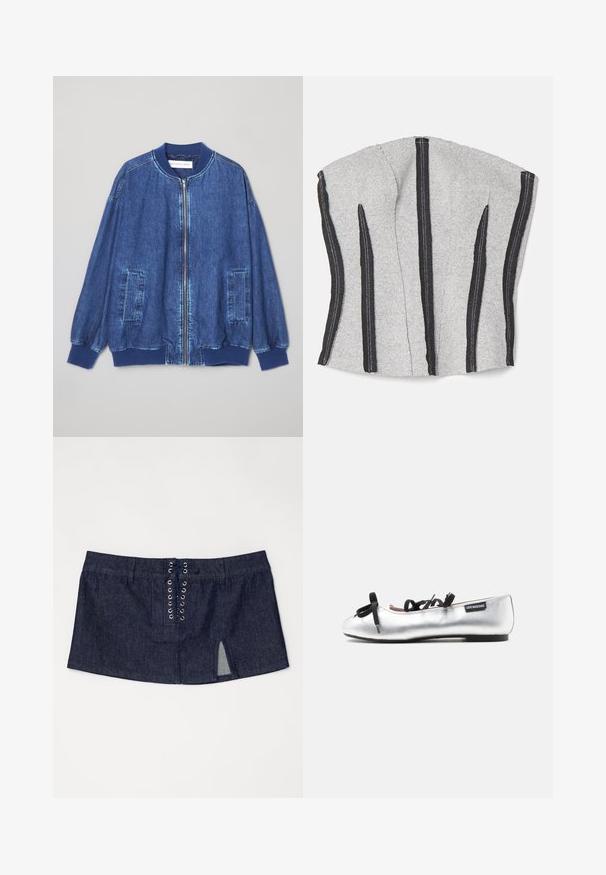 Donkerblauwe denim bomberjack met een ritssluiting aan de voorkant, geribbelde manchetten, twee zijzakken en een gladde textuur met contrasterende stiksels.; ECKHAUS LATTA RAW - Top - dust; Donkerblauwe denimrok met een voorzijde vetersluiting, twee zijzakken en een zijsplit. Gladde textuur en aansluitende pasvorm.; Zilveren ballerina met zwarte lintveters en Love Moschino-label, gezien van de zijkant op een lichtgrijze achtergrond.