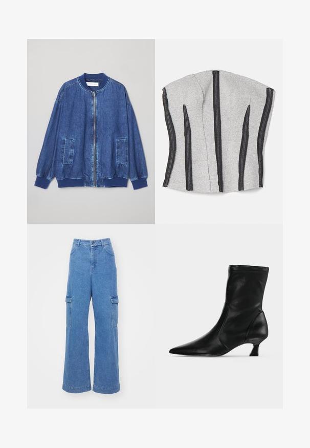 Donkerblauwe denim bomberjack met een ritssluiting aan de voorkant, geribbelde manchetten, twee zijzakken en een gladde textuur met contrasterende stiksels.; ECKHAUS LATTA RAW - Top - dust; Lichtblauwe denim cargobroek met een wijd pijpdesign, voorzien van twee zijzakken en een knoopsluiting aan de taille.; Zwarte leren midkuitlaars met spitse neus en lage kittenhak, zijaanzicht op een effen lichte achtergrond.