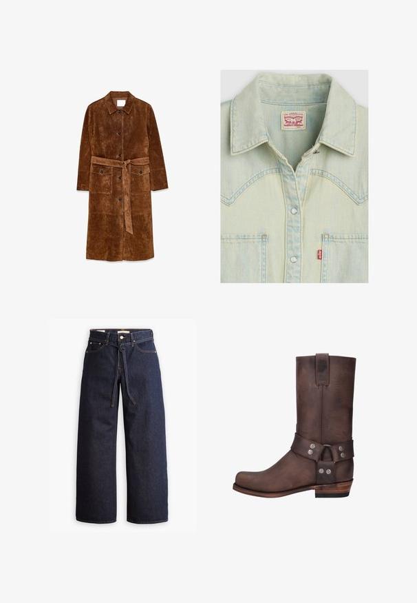 Bruine suède lange jas met kraag, knopen aan de voorkant, twee klepzakken aan de voorkant en een gestrikte tailleriem.; Lichtblauw denimshirt met een klassieke kraag, drukknopen, een borstzak en een label in een rood-wit ontwerp. Heeft een verweerde uitstraling.; Wijd pijpjes donkerblauwe denim jeans met een hoge taille, voorzien van een trekkoord, vijf zakken en contrasterende stiksels.; Bruine leren western laars tot halverwege de kuit met harnasriem en zilveren studs, houten hak en een treklus aan de bovenkant.