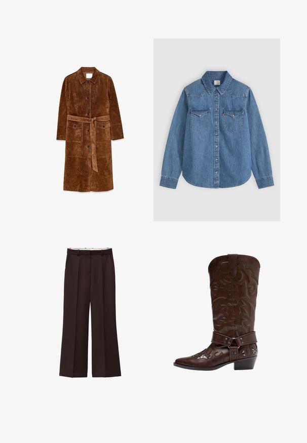 Bruine suède lange jas met kraag, knopen aan de voorkant, twee klepzakken aan de voorkant en een gestrikte tailleriem.; Blauw denim overhemd met lange mouwen, knopen, puntige kraag en twee borstzakken met klep op een lichte achtergrond.; Wijde broek in donkerbruine stof, met een hoge taille, dubbele plooien en zijzakken. Gladde textuur met riemlussen.; Bruine leren cowboylaars met decoratieve stiksels, tuigriem en lage gestapelde hak, zijaanzicht op witte achtergrond.