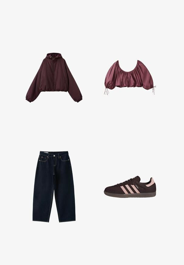 Veste à capuche violette foncée avec manches longues, fermeture éclair frontale, poches latérales, poignets et ourlet élastiques.; Blouse courte épaules dénudées en mauve foncé, avec tissu froncé et manches bouffantes élastiquées, nouées aux poignets.; Jean bleu foncé à jambes larges avec cinq poches, fermeture par bouton et coutures contrastées sur fond blanc.; Baskets en daim noir avec trois bandes roses, bout rond, semelle en caoutchouc et col rembourré. Présente un logo embossé sur le côté et la languette.