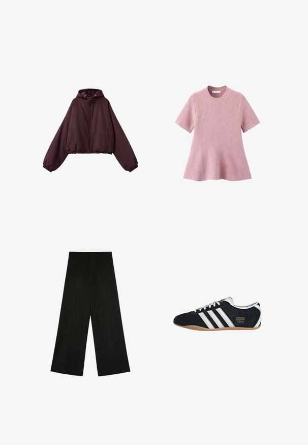 Veste à capuche violette foncée avec manches longues, fermeture éclair frontale, poches latérales, poignets et ourlet élastiques.; Haut en maille rose clair à manches courtes avec un col rond et un ourlet évasé. Texture douce avec une couture lisse et régulière partout.; Pantalon noir à jambes larges avec fermeture par bouton et zip, passants de ceinture et plis d’avant, posé à plat sur fond blanc.; Sneakers en suede noir avec trois bandes blanches, logo doré et semelle en caoutchouc marron. Présente un design à lacets à profil bas.