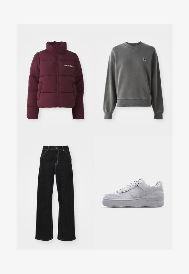 Chaqueta de plumas burdeos con cuello alto, cierre de cremallera y diseño de acolchado horizontal. Presenta el logo blanco "SANTA CRUZ" en el pecho.; Sudadera gris de algodón suave, con cuello redondo, puños acanalados y un pequeño parche de logo en el lado izquierdo del pecho.; Vaqueros negros de pierna ancha hechos de mezclilla. Presentan costuras blancas en contraste, bolsillos delanteros y un cierre de botón en la cintura.; Zapatilla Nike Air Force 1 gris con puntera perforada, parte superior de cuero suave, suela gruesa y detalle en relieve 'AIR' en el talón.
