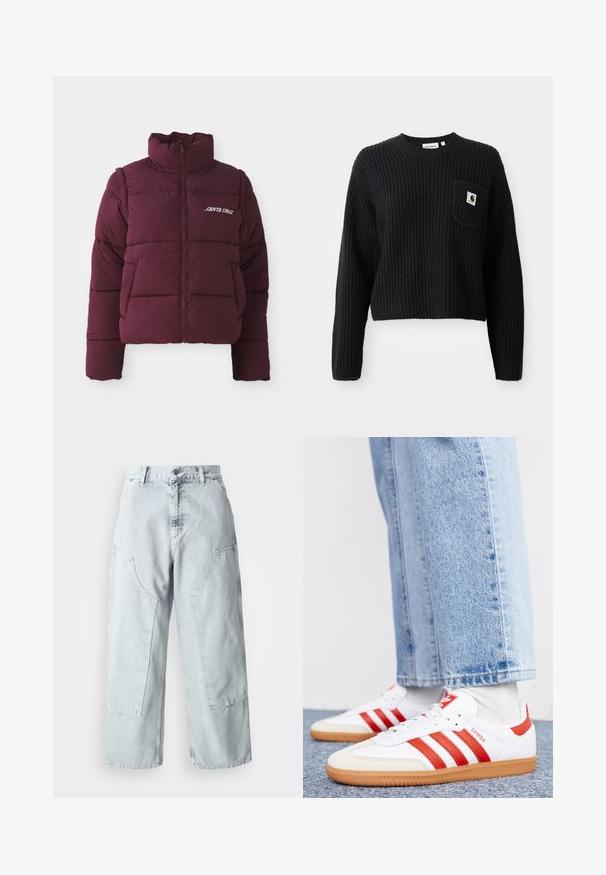 Chaqueta de plumas burdeos con cuello alto, cierre de cremallera y diseño de acolchado horizontal. Presenta el logo blanco "SANTA CRUZ" en el pecho.; Suéter de punto canalé negro con cuello redondo, mangas largas y un bolsillo frontal con un pequeño parche de logo. Longitud corta.; Pantalones de denim de tiro alto y pernera ancha en azul claro, con grandes bolsillos laterales y un ajuste holgado. Textura desgastada con un acabado desvanecido.; Zapatillas de cuero blancas con rayas y detalles rojos. Cuentan con una suela de goma texturizada y un collar acolchado. Llevadas con denim azul claro.