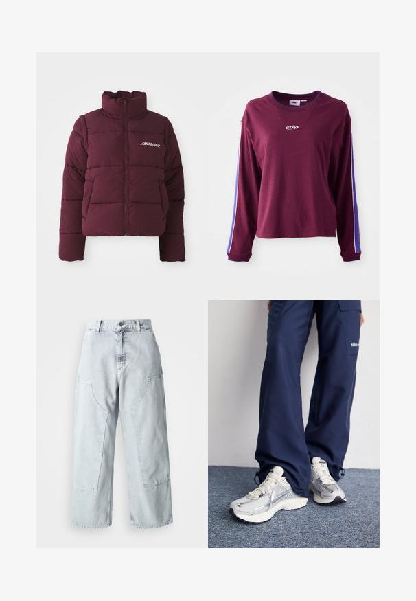 Chaqueta de plumas burdeos con cuello alto, cierre de cremallera y diseño de acolchado horizontal. Presenta el logo blanco "SANTA CRUZ" en el pecho.; Camisa burdeos de manga larga hecha de algodón, con rayas azules y blancas a lo largo de las mangas y un logotipo en el centro. Corte regular.; Pantalones de denim de tiro alto y pernera ancha en azul claro, con grandes bolsillos laterales y un ajuste holgado. Textura desgastada con un acabado desvanecido.; Zapatillas deportivas Nike con parte superior de malla plateada, acentos blancos y suelas texturizadas, combinadas con pantalones azul marino de corte holgado.
