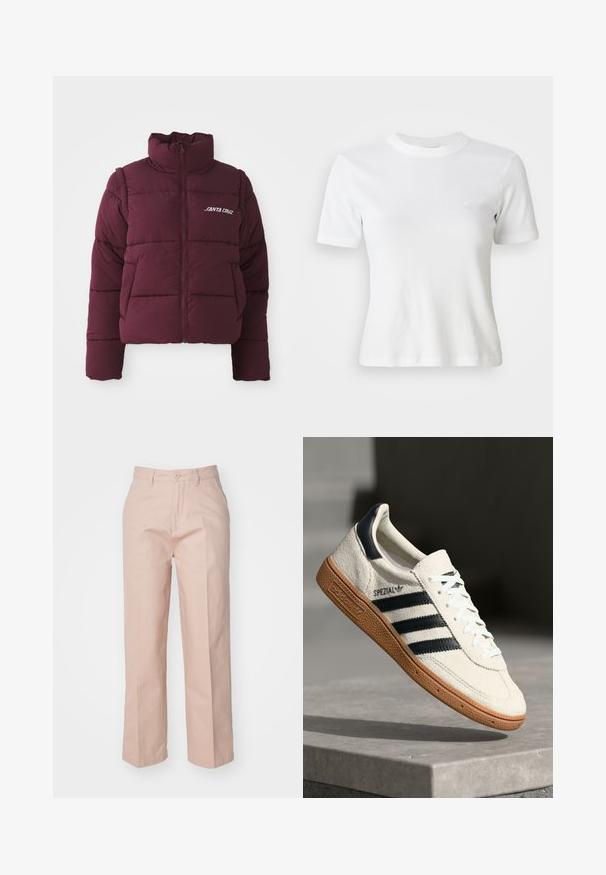 Chaqueta de plumas burdeos con cuello alto, cierre de cremallera y diseño de acolchado horizontal. Presenta el logo blanco "SANTA CRUZ" en el pecho.; Camiseta blanca de manga corta con canalé, escote redondo y un pequeño logo en el pecho. Fabricada con una tela suave y con un diseño ajustado.; Pantalones de tiro alto en color rosa claro, confeccionados con una mezcla de algodón. Presentan un cierre frontal con botón, piernas rectas y bolsillos tradicionales.; Zapatilla de ante blanca con franjas en azul marino, suela de goma, parte superior texturizada, puntera redonda y cordones; presenta una marca en el lateral y en la lengüeta.