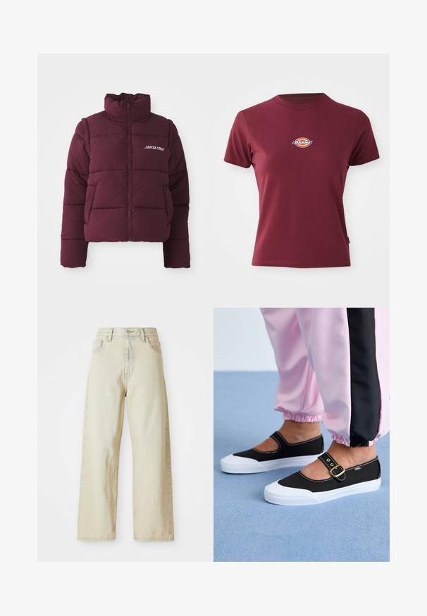 Chaqueta de plumas burdeos con cuello alto, cierre de cremallera y diseño de acolchado horizontal. Presenta el logo blanco "SANTA CRUZ" en el pecho.; Camiseta corta de manga en color burdeos, fabricada en algodón, con cuello redondo y un pequeño logotipo multicolor de "Dickies" en el pecho.; Jeans de denim de pierna ancha en un tono beige claro, con bolsillos frontales, una cintura alta y sutiles detalles de costura. Hechos de una tela de denim texturizada.; Zapatillas de lona negras con suela blanca, con un diseño recortado y una correa con hebilla dorada. Combinadas con pantalones de chándal rosas.