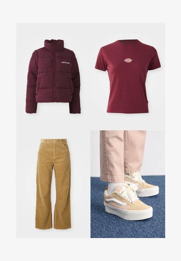 Chaqueta de plumas burdeos con cuello alto, cierre de cremallera y diseño de acolchado horizontal. Presenta el logo blanco "SANTA CRUZ" en el pecho.; Camiseta corta de manga en color burdeos, fabricada en algodón, con cuello redondo y un pequeño logotipo multicolor de "Dickies" en el pecho.; Pantalones de pana de pierna ancha en marrón claro, con un patrón de canalé texturizado, cinco bolsillos y un botón de cierre en la cintura.; Zapatillas de ante rosa claro y beige con acentos blancos y cordones planos, que cuentan con una gruesa suela de goma blanca y detalles de costura visibles.