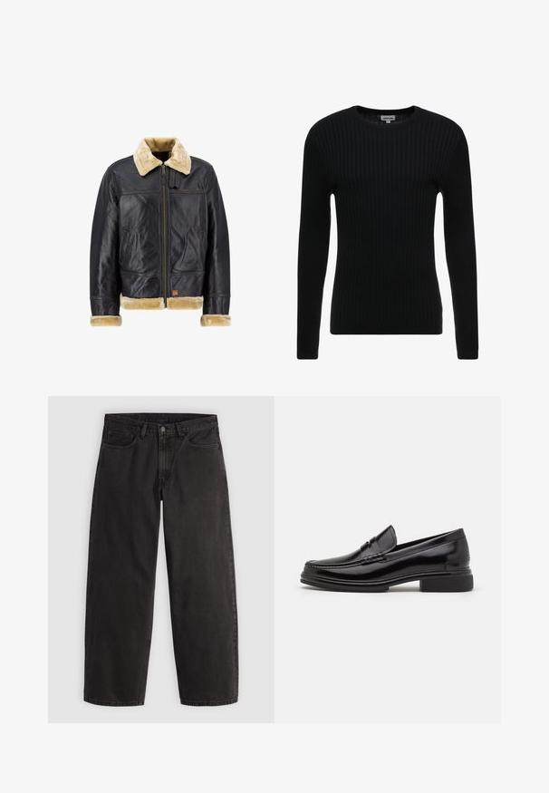 Schwarze Lederjacke mit einem Kragen und Manschetten aus cremefarbenem Kunstfell. Sie verfügt über einen Reißverschluss vorne und seitliche Taschen und zeigt ein klassisches Design.; Schwarzer gerippter Langarmpullover mit Rundhalsausschnitt; texturiertes Gewebe mit vertikalen Streifen; figurbetonte Silhouette; keine sichtbaren Verzierungen oder Akzente.; Schwarze gerade geschnittene Jeans aus Denim mit fünf Taschen und Gürtelschlaufen, flach auf einem einfarbigen hellen Hintergrund liegend dargestellt.; Schwarze Lederloafers mit runder Zehenform, ausgestattet mit einer genähten Detail über dem Vorderschaft und einem niedrigen Blockabsatz. Glatte Textur und glänzende Oberfläche.