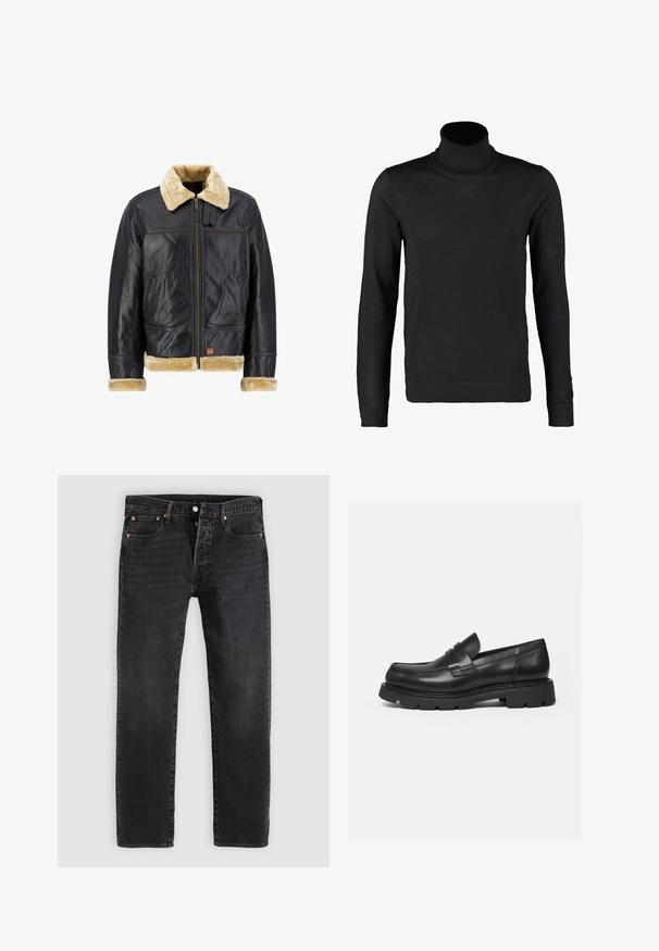Chaqueta de cuero negro con un cuello y puños de piel sintética color crema. Cuenta con un cierre frontal y bolsillos laterales, mostrando un diseño clásico.; Lindbergh ROLL NECK - Jersey de punto - black; Pantalones vaqueros de mezclilla negra con corte recto, que cuentan con dos bolsillos frontales, un bolsillo para monedas y remaches metálicos. Diseño clásico de cinco bolsillos.; Mocasín negro de cuero con suela gruesa y acanalada y detalle de tira para moneda, mostrado en perfil lateral derecho sobre fondo blanco.