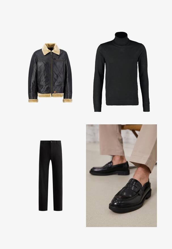 Schwarze Lederjacke mit einem Kragen und Manschetten aus cremefarbenem Kunstfell. Sie verfügt über einen Reißverschluss vorne und seitliche Taschen und zeigt ein klassisches Design.; Lindbergh ROLL NECK - Strickpullover - black; Schwarze, maßgeschneiderte Hose mit flachem Vorderteil, geraden Beinen, einem Knopfverschluss und Gürtelschlaufen, aus einem glatten Stoff ohne sichtbare Muster.; Schwarze Lederloafers mit glatter Oberfläche, ausgestattet mit einem dekorativen Riemen und Kontrastnähten, kombiniert mit beigen Hosen.